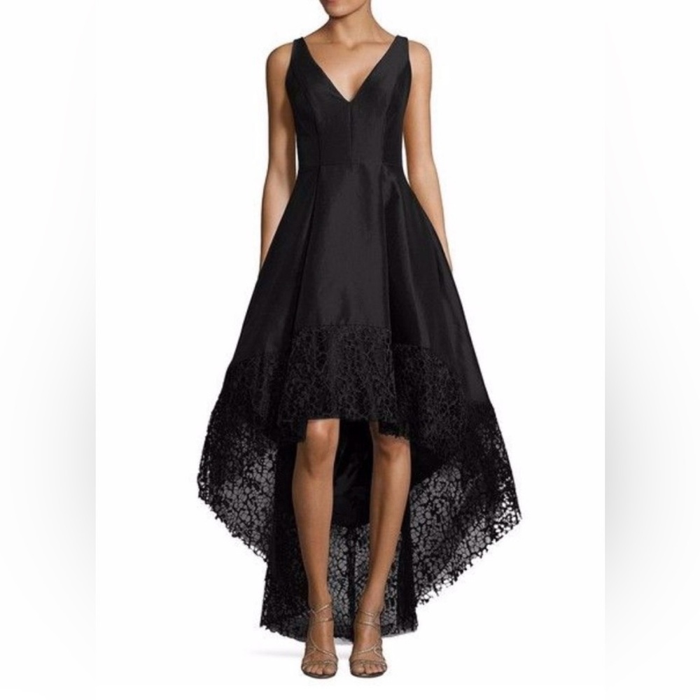 Betsy & Adam Black High-Low Lace Hem V-Neck Dress